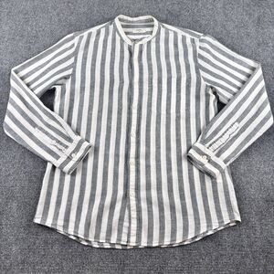 Topten Mens 105 Linen Shirt Gray Stripe Band Collar Long Sleeve